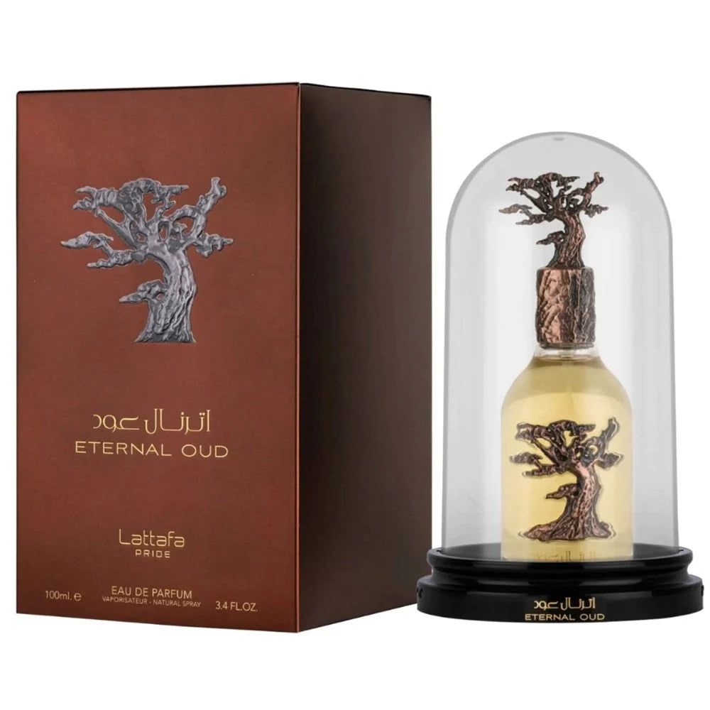 Lattafa Pride Eternal Oud Eau De Parfum 100ml fragrance image; amber woody scent with Grapefruit, Plum and Vanilla; for all genders; suited to autumn and winter.
