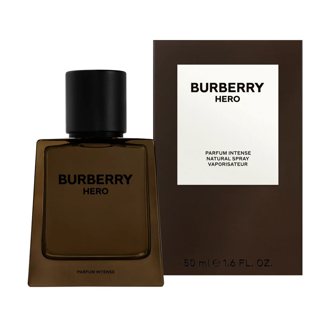 Burberry Hero Parfum Intense 50ml fragrance image; woody spicy leather scent with Black pepper and Leather; for men; suited to spring and summer.