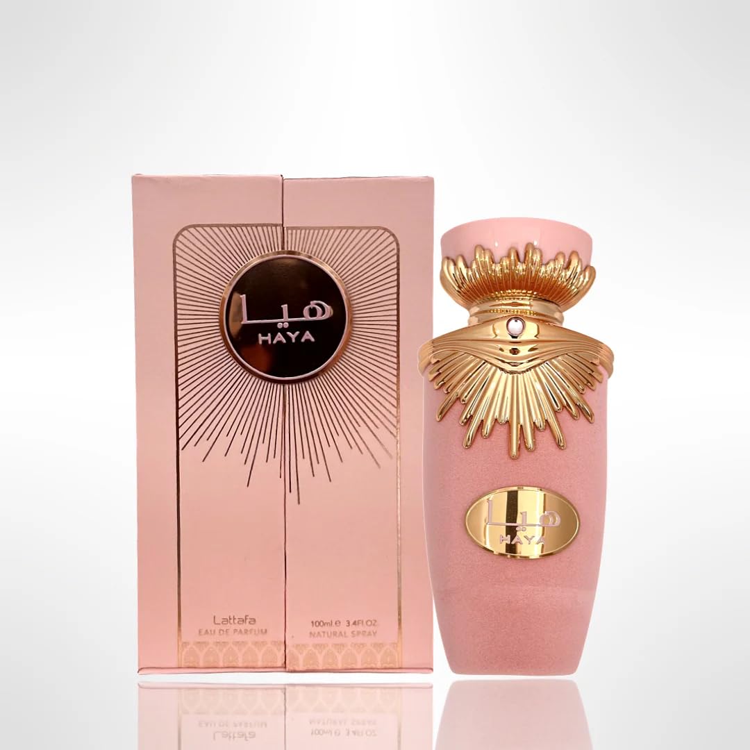 Lattafa Haya Eau De Parfum 100ml fragrance image; fruity floral gourmand scent with Champagne, Pink berries and Praline; for women; suited to autumn and winter.