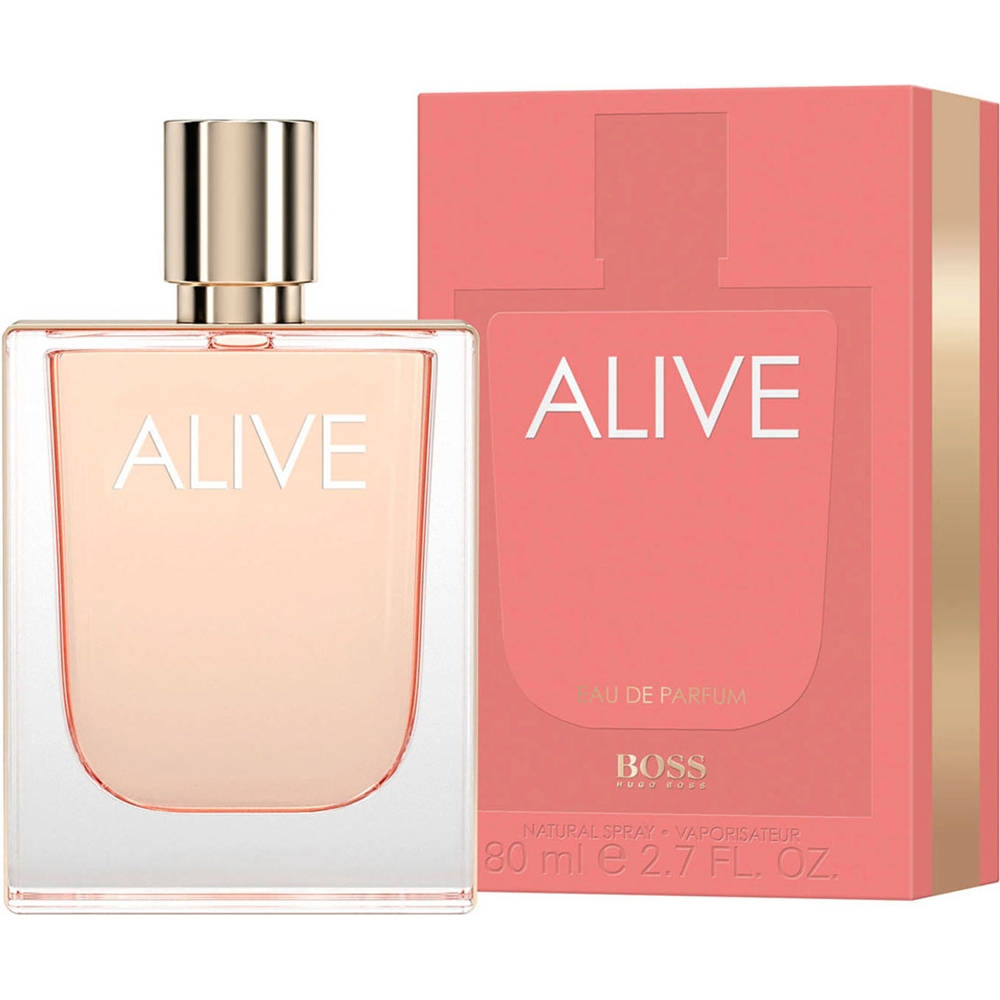 Hugo Boss Hb Alive Eau De Parfum 80ml fragrance image; fruity floral vanilla woody scent with Apple, Plum and Woody notes; for women; suited to autumn and winter.