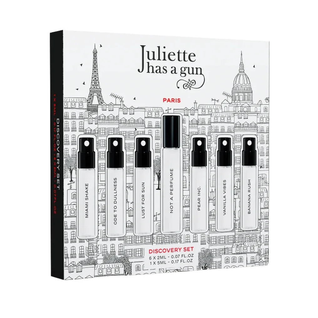 Juliette Has A Gun Discovery Box incl. Banana Rush 7-Piece Set fragrance image; seven-piece perfume discovery set scent with ; for women; suited to spring and summer.