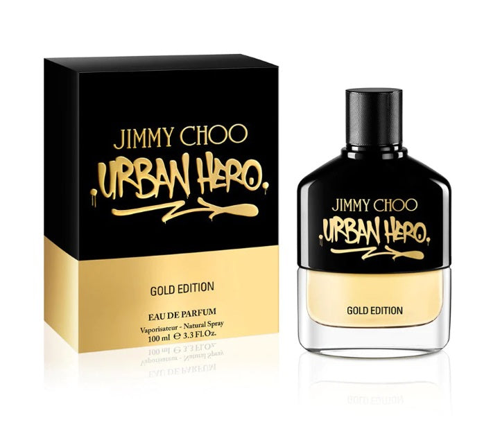 Jimmy Choo Urban Hero Gold Edition Eau De Parfum 100ml fragrance image; fruity woody sweet scent with Pineapple, Blood Orange and Sandalwood; for men; suited to spring and summer.