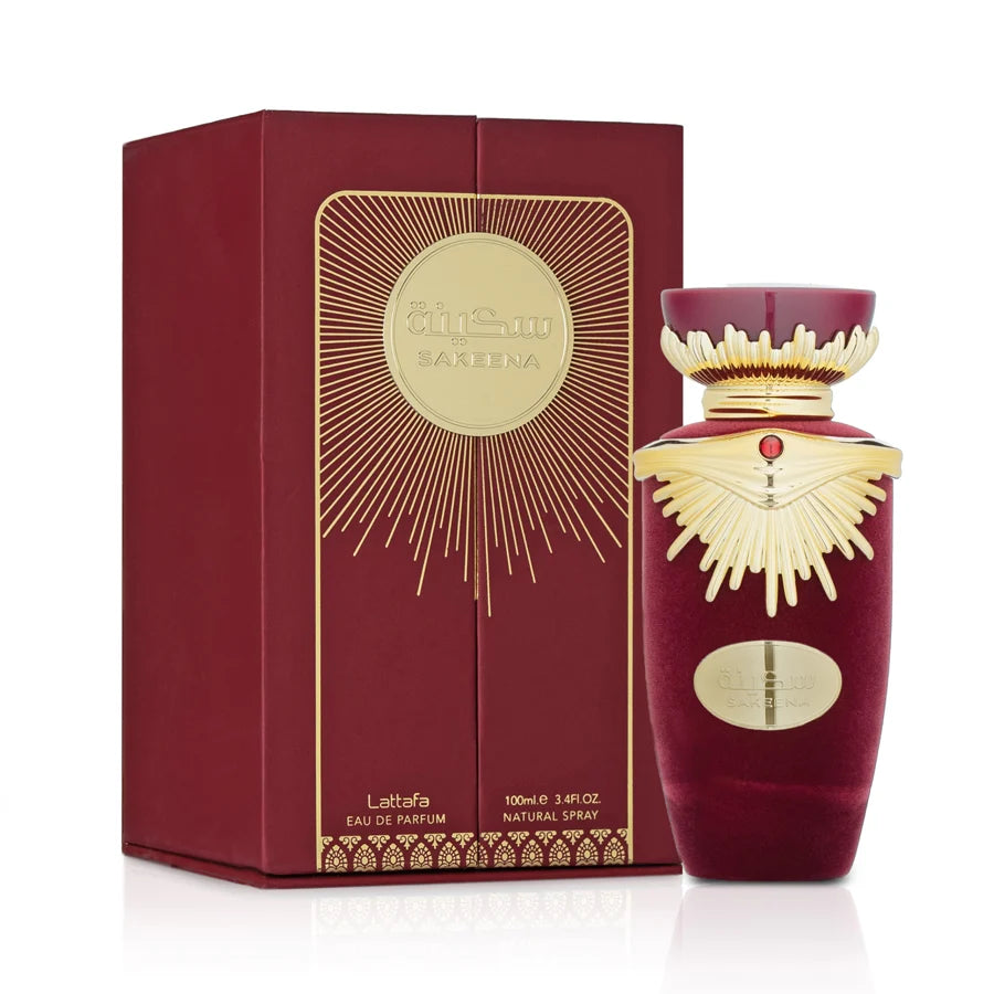 Lattafa Sakeena Eau De Parfum 100ml fragrance image; fruity floral gourmand scent with Mandarin, Ozonic notes and Musk; for women; suited to autumn and winter.