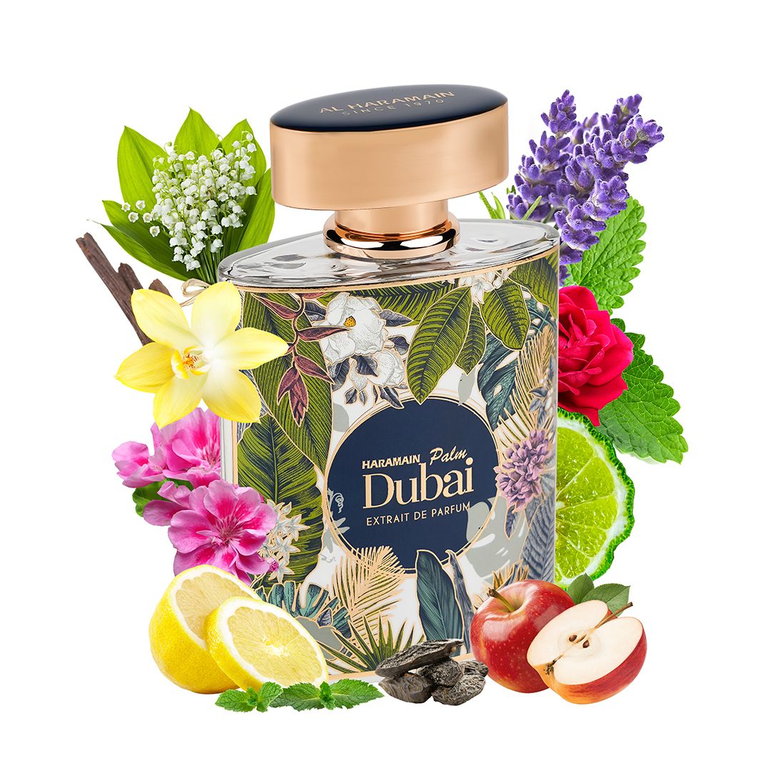 Al Haramain Palm Dubai Extrait de Parfum 100ml fragrance image; citrus aromatic floral scent with Geranium, Lily of the valley and Patchouli; for all genders; suited to spring and summer.