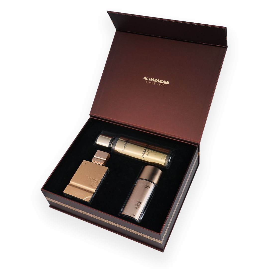 Al Haramain Amber Oud Gold Edition Perfume Gift Set 3pc – Fruity Amber Vanilla perfume; sweet, creamy, cosy and dessert-like.