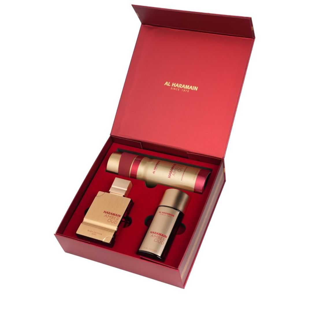 Al Haramain Amber Oud Ruby Edition Perfume Gift Set 3pc – Oud perfume; warm, rich, grounded and characterful.