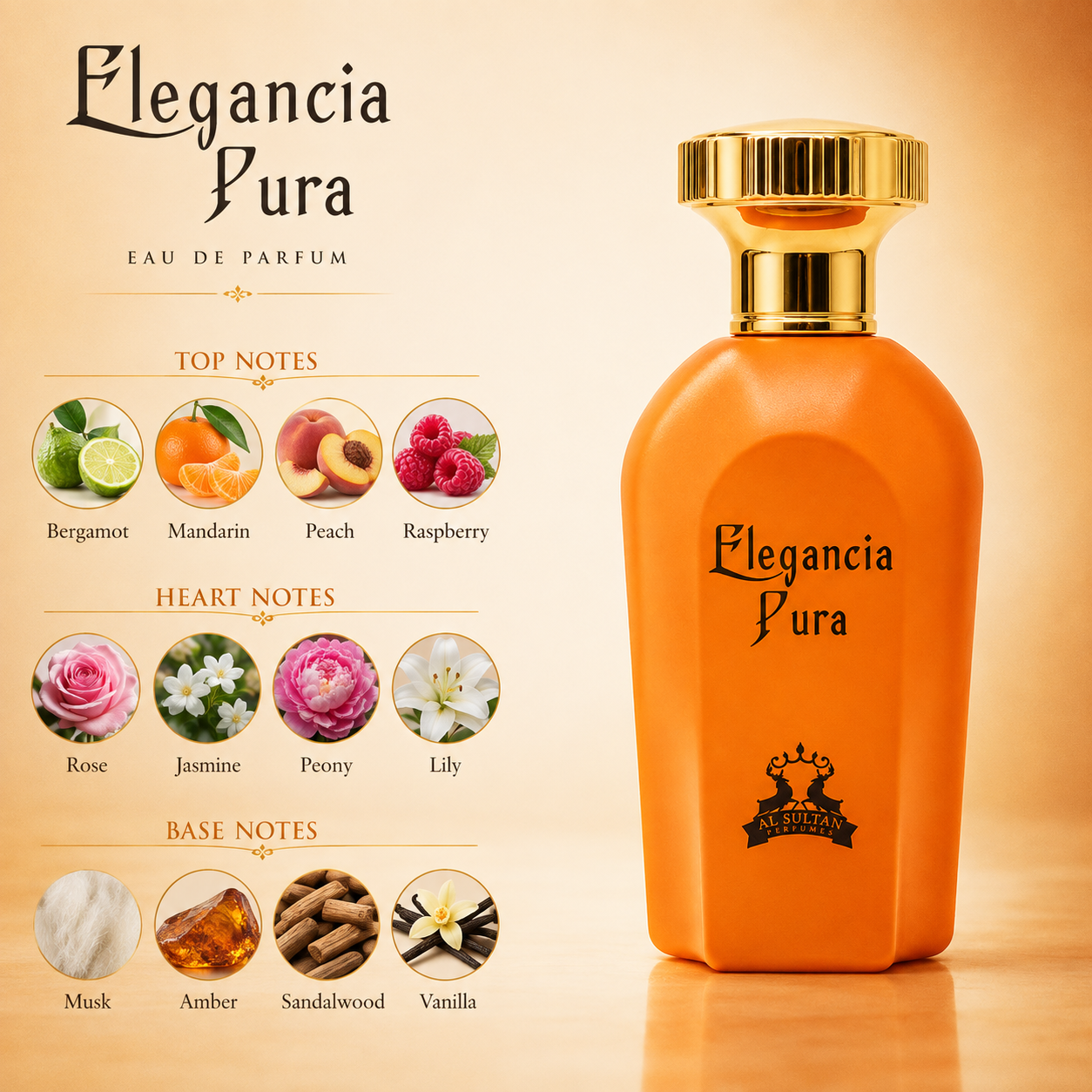 Al Sultan Elegancia Pura EDP 100ml – Floral perfume; notes of Bergamot, Rose and Musk.
