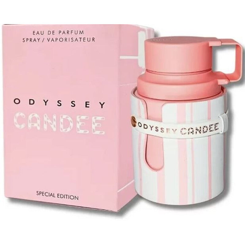 Armaf Odyssey Candee Eau De Parfum 100ml fragrance image; fruity sweet gourmand scent with Caramel, Jasmine and Patchouli; for women; suited to autumn and winter.