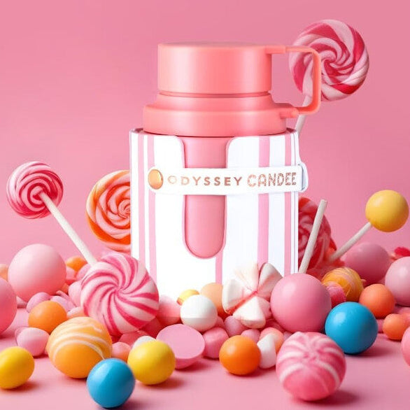 Armaf Odyssey Candee Eau De Parfum 100ml fragrance image; fruity sweet gourmand scent with Strawberry, Raspberry and Patchouli; for women; suited to autumn and winter.