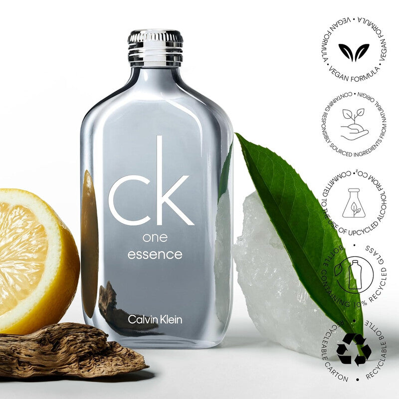 Calvin Klein One Essence Parfum Intense 100ml fragrance image; citrus aromatic fresh musky scent with Organic green tea accord and Natural sandalwood; for all genders; suited to spring and summer.
