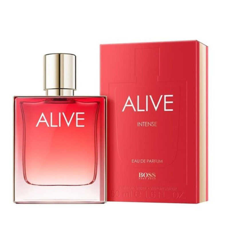 Hugo Boss Alive Intense Eau De Parfum 50ml fragrance image; fruity amber woody scent with Raspberry and Benzoin; for women; suited to autumn and winter.