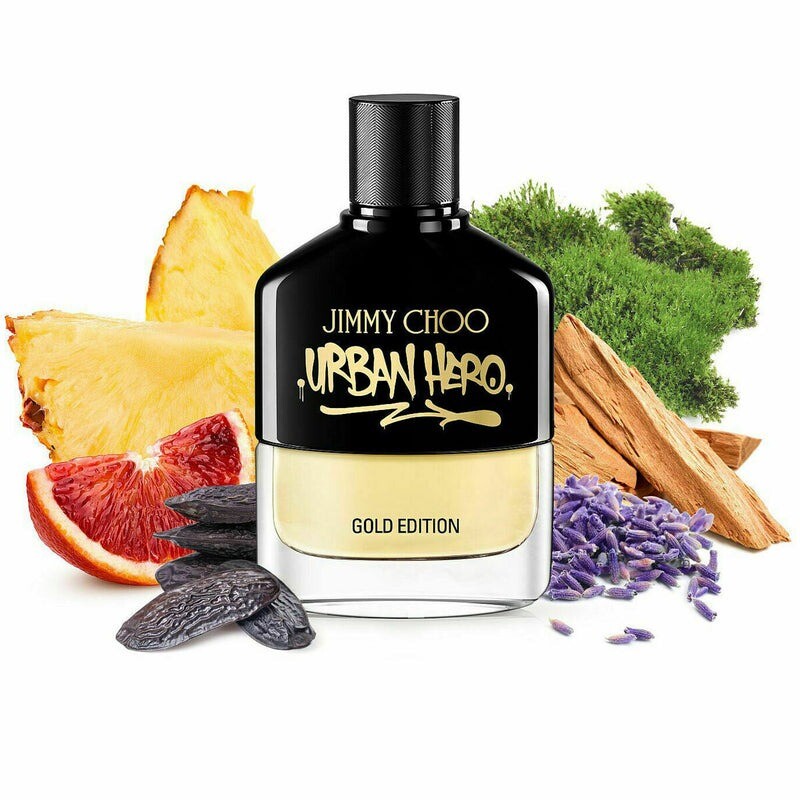 Jimmy Choo Urban Hero Gold Edition Eau De Parfum 100ml fragrance image; fruity woody sweet scent with Tonka Bean, Lavender and Sandalwood; for men; suited to spring and summer.