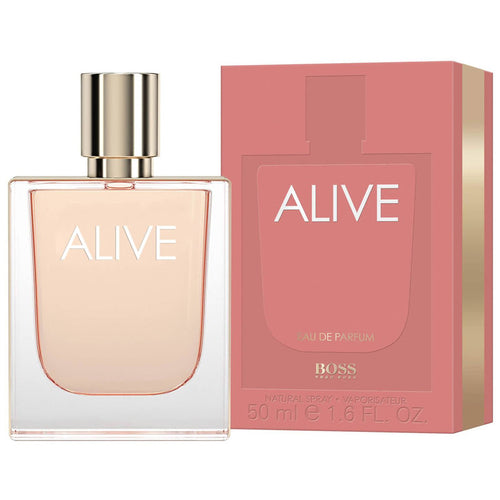 Hugo Boss Alive Eau De Parfum 50ml fragrance image; fruity floral vanilla woody scent with Apple, Plum and Woody notes; for women; suited to autumn and winter.