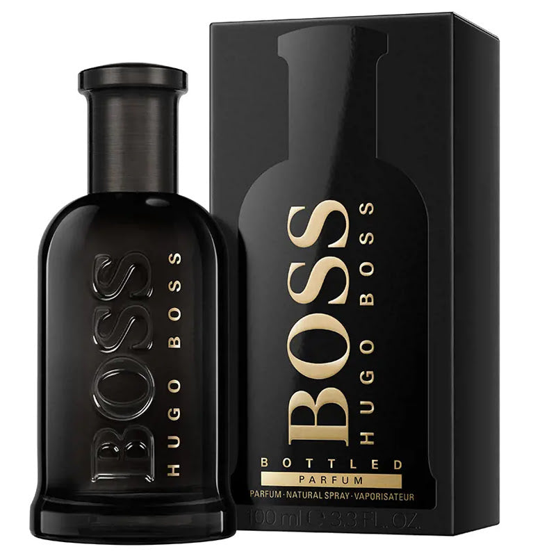 Hugo Boss Boss Bottled Parfum 100ml fragrance image; leather woody amber scent with Olibanum, Mandarin Orange and Cedar; for men; suited to winter.